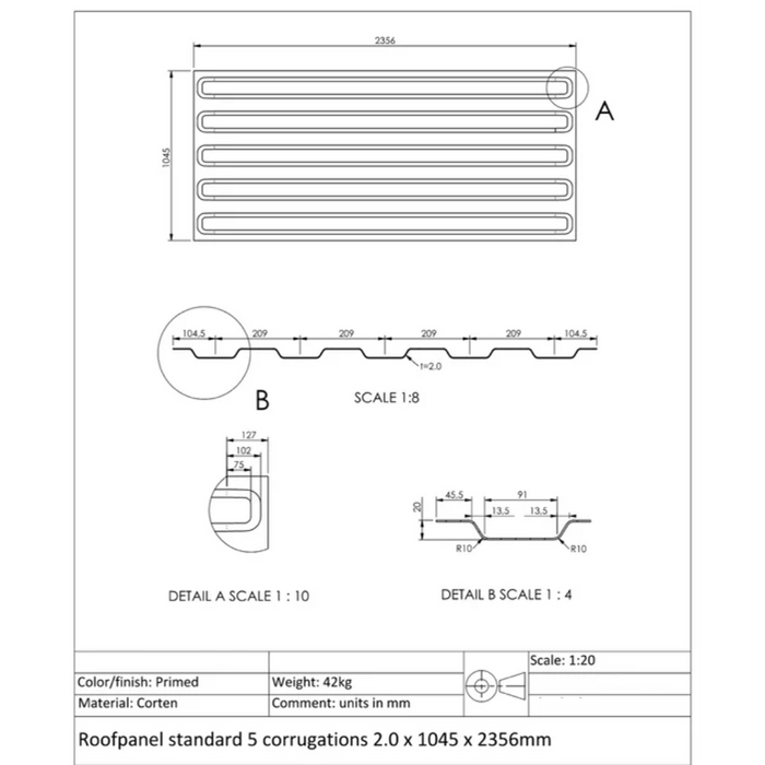 Dachpanel Mit 5 Sicken Für Versandcontainer Standardprofil 1045 mm x 2360 mm